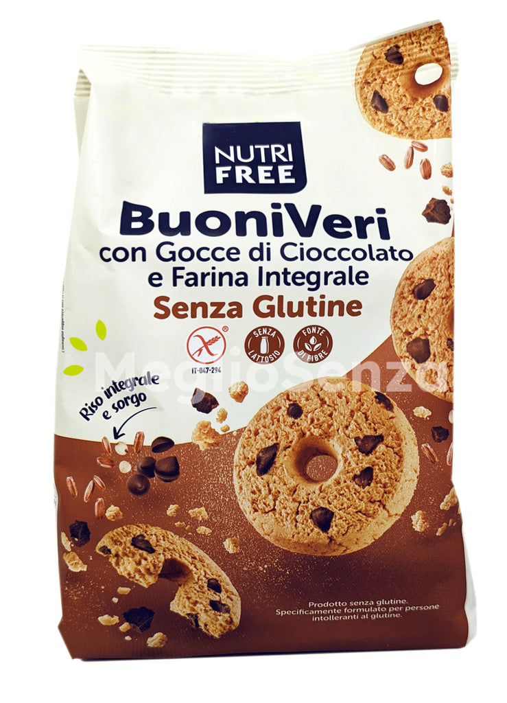 Nutrifree - BuoniVeri - Biscotti con gocce di cioccolato - Senza glutine - senza lattosio - MeglioSenza