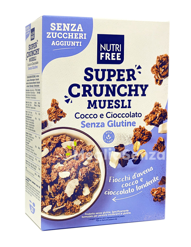 Nutrifree - Super Crunchy - Muesli Cocco e Cioccolato - Senza Glutine - Senza Uova - Senza zuccheri aggiunti - MeglioSenza